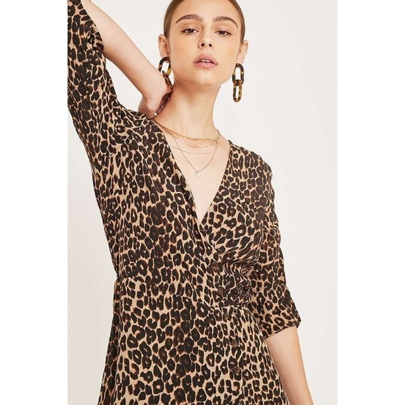 Faithfull The Brand Brown Leopard Print Crepe Wrap Midi Dress sz 2 - Picture 5 of 16